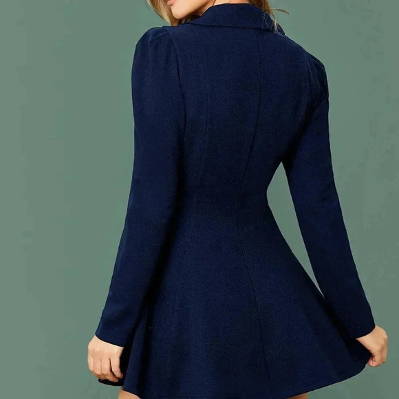 Navy Blue Elegant Women's Notch Collar Double Breasted Blazer Mini Dress - Picture 2 of 5